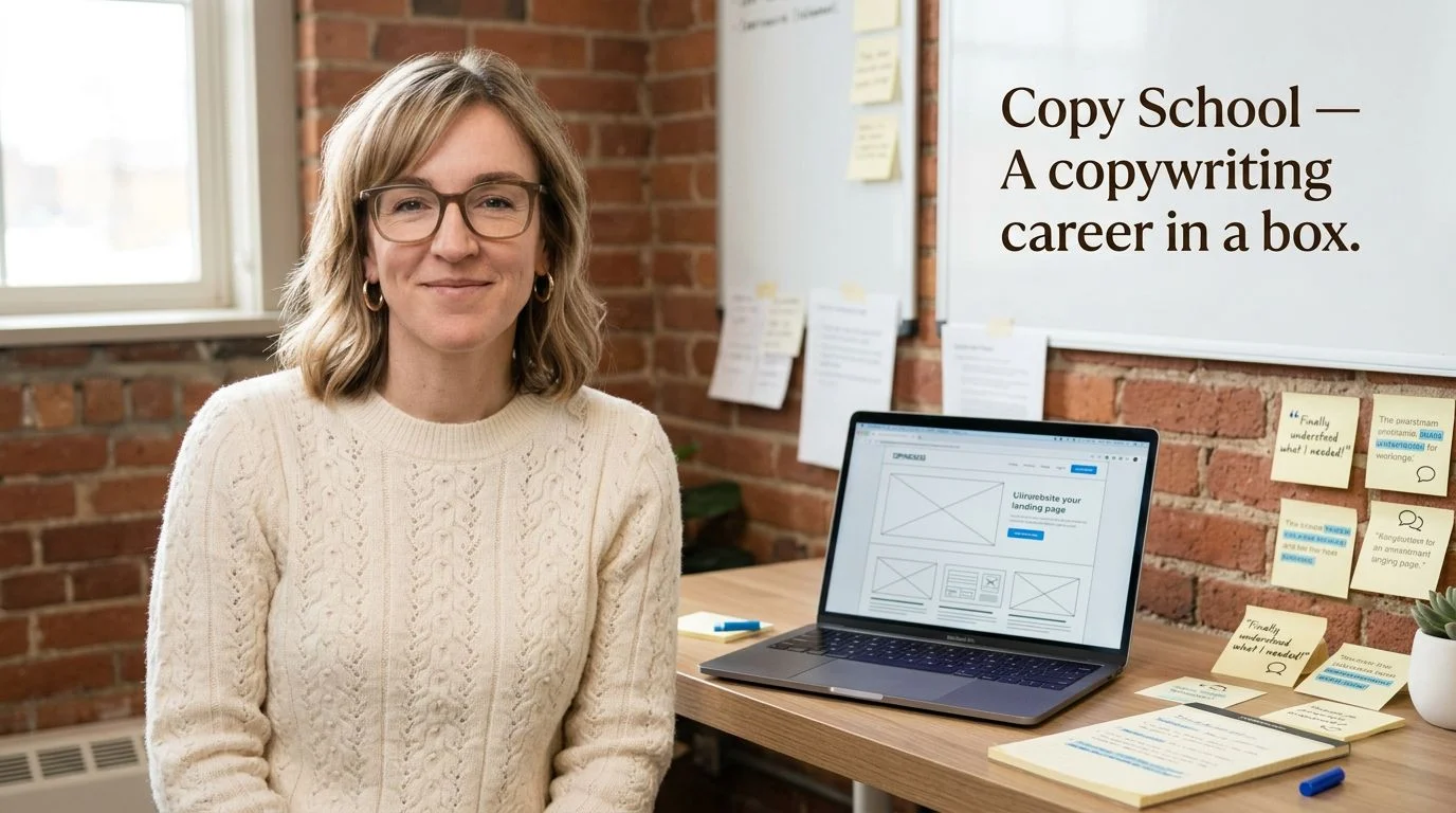 Woman in sweater sitting by laptop with copywriting materials