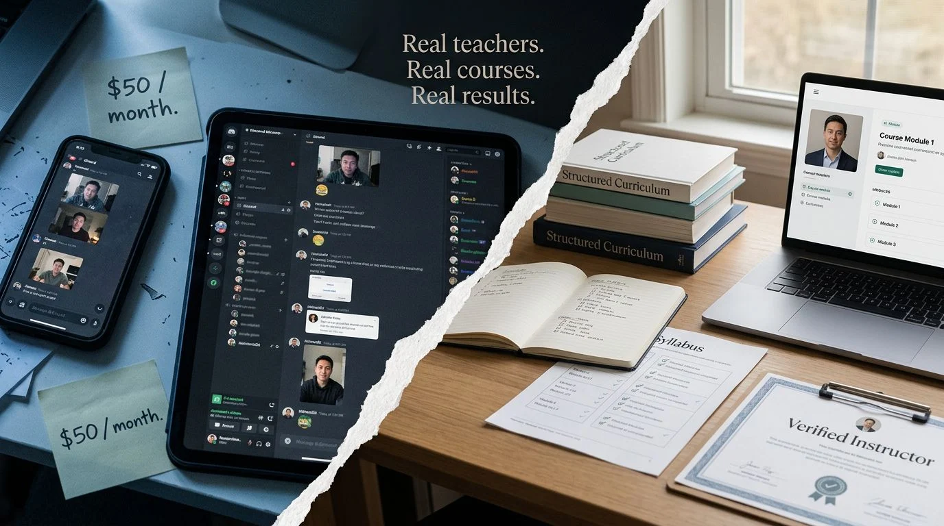 Hustlers University alternative learning setup — real teachers, structured curriculum, books, and verified instructor materials