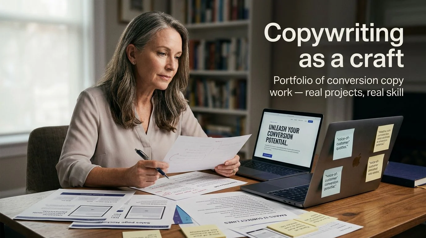 Editorial workspace showing a copywriter's portfolio of conversion writing — sales pages, voice-of-customer research, ad copy