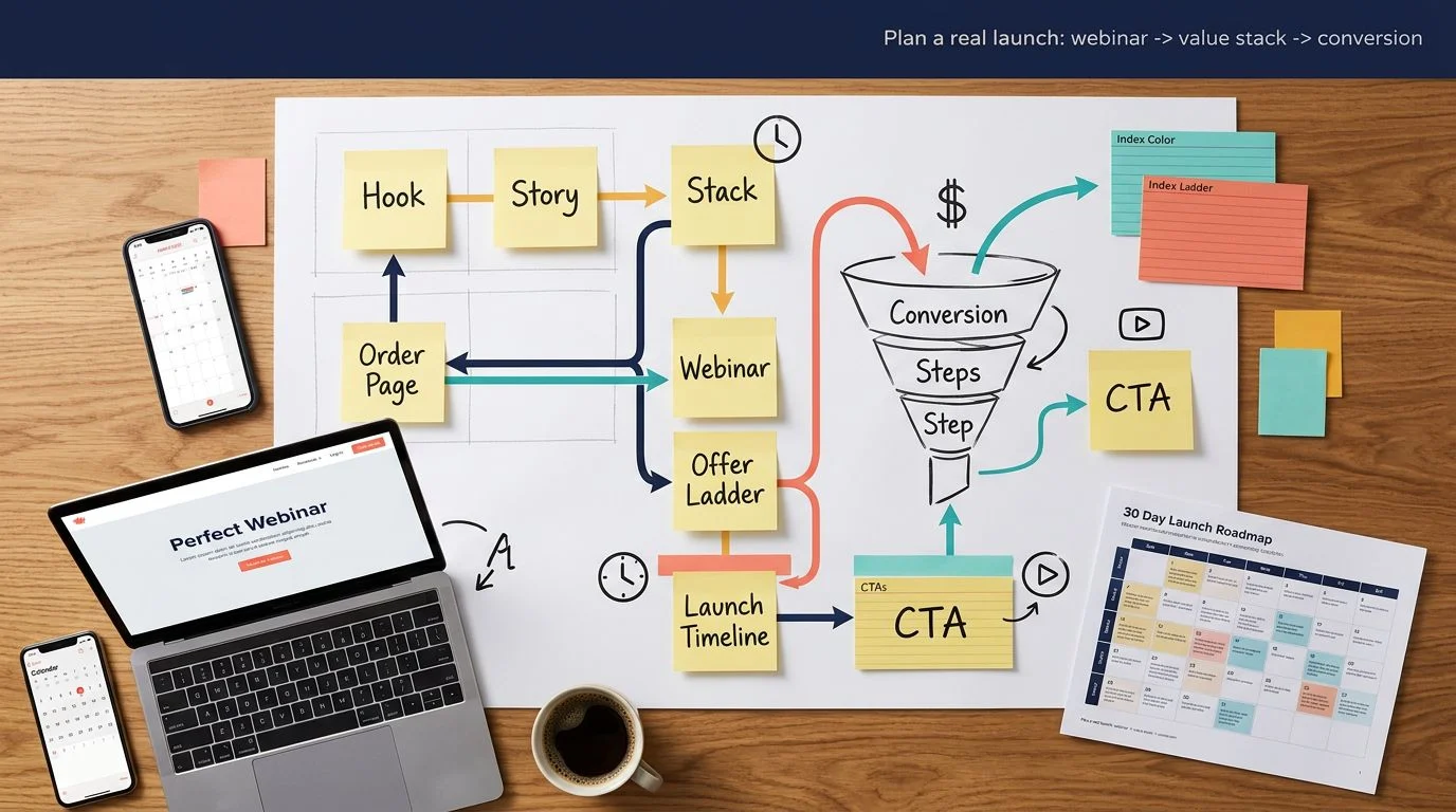 Whiteboard with sales funnel diagram and sticky notes mapping a course launch plan