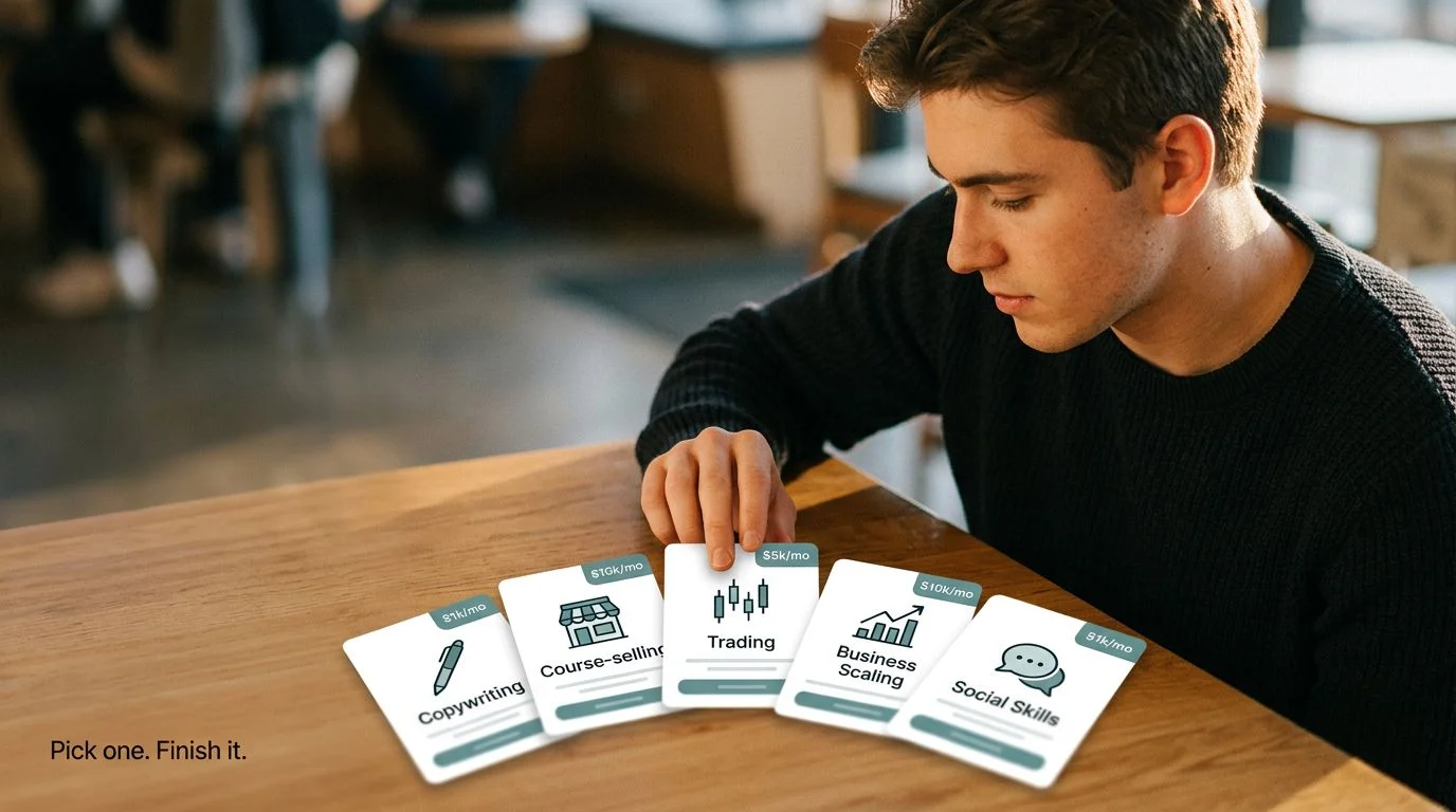 Person standing at a crossroads of paths — representing the choice between five different online business courses