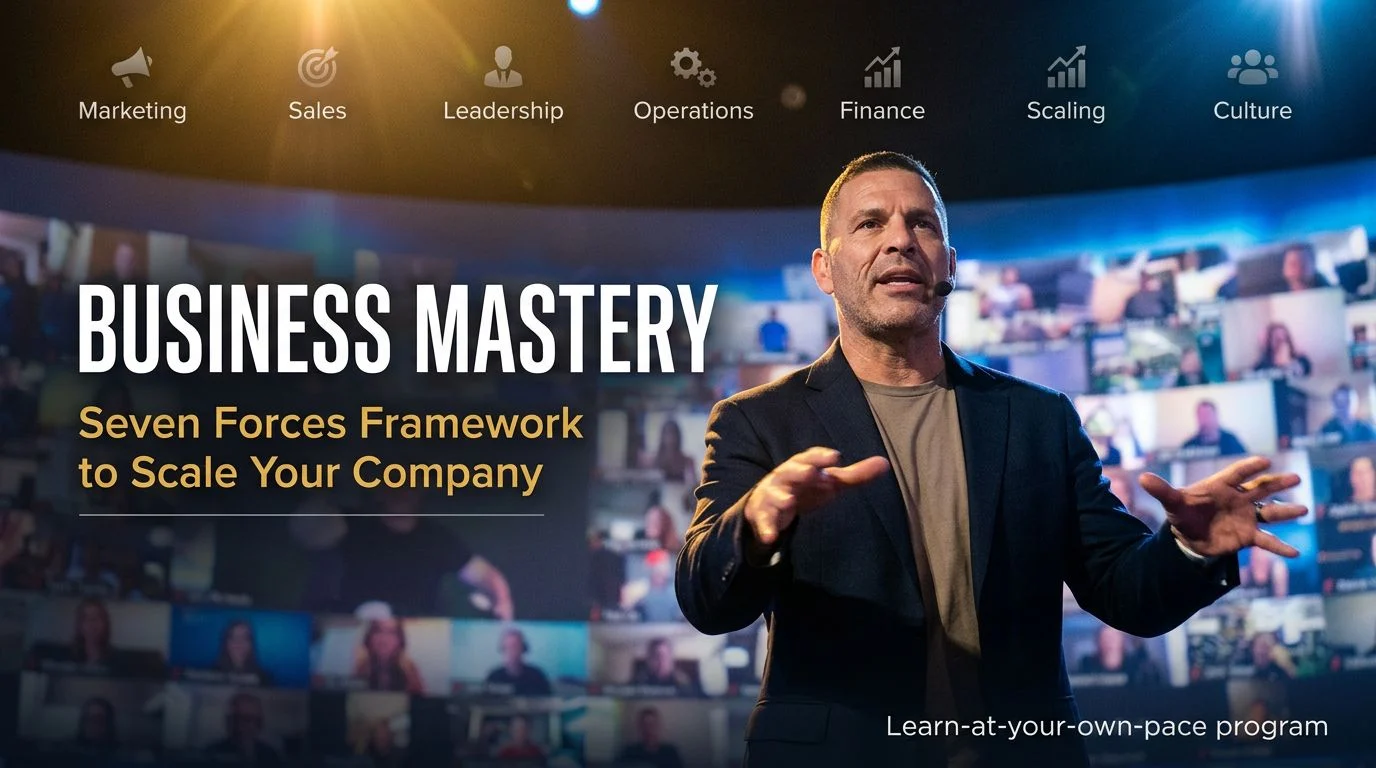 Tony Robbins speaking at Business Mastery event with virtual audience